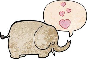 elefante de desenho animado fofo e corações de amor e bolha de fala no estilo de textura retrô vetor