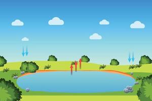 processo de ciclo da água com uma lagoa e céu azul. diagrama infográfico do processo de evaporação, condensação e precipitação para o estudo. campo verde com arbustos e um pequeno lago para evaporação da água. vetor