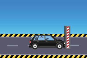 ilustração vetorial de acidente de carro no campo de testes. um carro preto com janelas quebradas e molduras em uma estrada urbana. acidentes de carro e ilustração de agrupamento com um vetor de barra de teste de ferro.