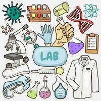 vetor colorido mão desenhada. Doodle, objetos e símbolos dos desenhos animados temáticos da ciência e do laboratório. todos os objetos são separados.