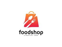 logotipo da loja de alimentos com ilustração de garfo, colher e sacola de compras vetor