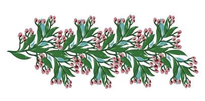 galho com flores cor de rosa, folhas verdes e azuis para o feriado, casamento, aniversário. elemento horizontal para design. ilustração em vetor estoque isolado no fundo branco.