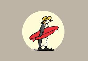 pinguim bonitinho carregando uma prancha de surf na ilustração de praia vetor