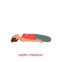 mulher fazendo ioga, deitada no exercício de herói reclinado, pose de supta virasana, malhando. ilustração vetorial plana isolada no fundo branco vetor