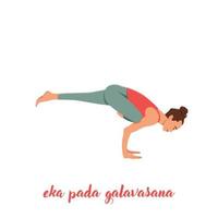 mulher fazendo ioga, pilates, treinamento físico, asana eka pada galavasana, pombo voador ou pose de corvo voador, equilíbrio de uma perna. ilustração vetorial plana isolada no fundo branco vetor