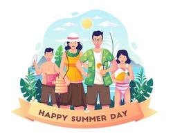 família feliz comemora o dia de verão na praia. feliz dia de férias de verão. ilustração vetorial de estilo simples vetor