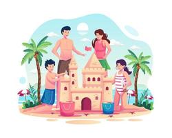 família passando as férias de verão. pais com seus filhos construindo um castelo de areia na praia. conceito de atividades de verão. ilustração vetorial de estilo simples vetor