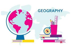 ilustração vetorial de geografia para design de disciplina escolar. globo, mapas, bússola e outras matérias escolares. escola e disciplinas de estudo. ilustração vetorial de ciência geografia. bandeira de educação e ciência vetor