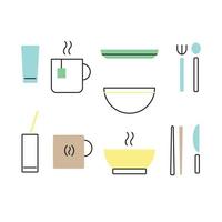 conjunto de ícones de louças e talheres. copos, uma xícara de chá, uma xícara de café, um prato, uma tigela, uma colher, um garfo, uma faca, pauzinhos. ilustração vetorial. vetor