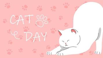 lindo gato kawaii branco alongamento. dia do gato. ilustração em vetor de gatinho fofo no fundo rosa com patas de gato.