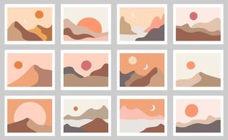 fundo estético contemporâneo abstrato com paisagem, deserto, dunas de areia e sol. cores terracota. decoração de parede boho. vetor