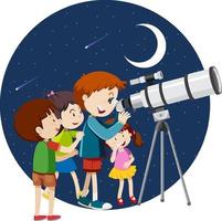 crianças felizes observam o céu noturno com telescópio vetor