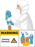 homem em traje de proteção de materiais perigosos com sinal de aviso de produtos químicos de limpeza vetor