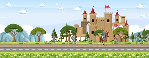 cena da cidade medieval com aldeões e castelo
