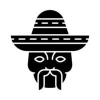 cabeça com ícone de glifo de bigode e sombrero. macho. homem mexicano tradicional. símbolo de silhueta. espaço negativo. ilustração vetorial isolada vetor