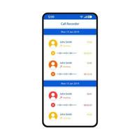 modelo de vetor de interface de smartphone gravador de chamadas. layout de design branco da página do aplicativo móvel. correio de voz de entrada, tela de mensagens de áudio. interface do usuário plana para aplicação. registros de áudio, lista de mídia. visor do telefone