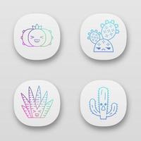 conjunto de ícones de aplicativos de cactos. plantas com rostos sorridentes. cactos peiote e zebra rindo. cactos selvagens de pera espinhosa sem diversão. interface de usuário ui ux. web ou aplicativos móveis. ilustrações vetoriais isoladas vetor