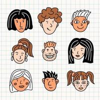 doodle conjunto rosto de pessoas. vetor ícones desenhados à mão de cabeças humanas