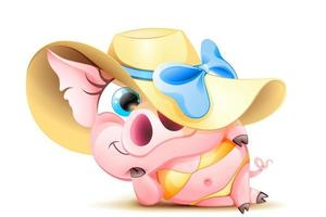 garota porco de férias em traje de banho e chapéu de palha vetor