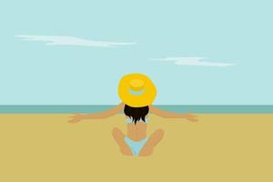 uma mulher de chapéu grande está relaxando na praia. vetor