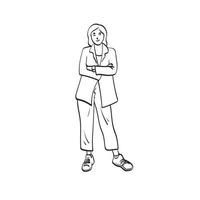 arte de linha comprimento total de mulher de negócios sorridente com mão de vetor de ilustração de braços cruzados desenhada isolada no fundo branco