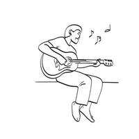 comprimento total do guitarrista masculino sentado e tocando guitarra acústica ilustração vetorial desenhada à mão isolada na arte de linha de fundo branco. vetor