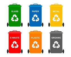 conjunto de latas de lixo com ícone ecológico, para papel, metal, vidro e outros resíduos. ícones ecológicos, vetor