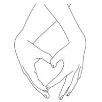 linha de ilustração desenhando um close-up de mãos de mulher e homem mostrando sinal ou forma de corações. gesto de mão do coração. mãos de duas pessoas apaixonadas fazendo coração com os dedos. design de coração para camisa ou jaqueta vetor
