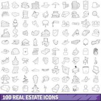 conjunto de 100 ícones imobiliários, estilo de contorno vetor