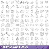 Conjunto de 100 ícones de trabalho rodoviário, estilo de contorno vetor