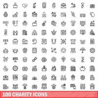 conjunto de 100 ícones de caridade, estilo de estrutura de tópicos vetor
