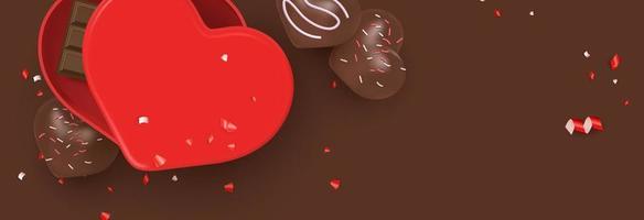 doces de dia dos namorados, sobremesas, ilustração de chocolate banner de vista superior plana com modelo de vetor de espaço de cópia