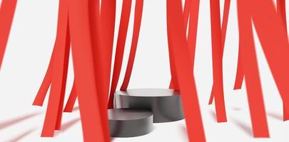Pódio brilhante realista 3D para apresentação do produto com bandeira de pano vermelho decorativo caindo. maquete de vetor de plataforma de palco branco e vermelho minimalista elegante