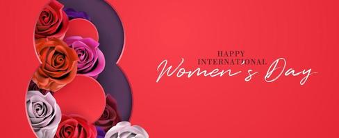 3d na moda 8 de março banner do dia internacional da mulher com vetor de modelo de fundo de flor rosa colorida