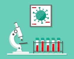 equipamento médico para laboratório de exames de sangue. microscópio e tubos com sangue para análise de vírus. ilustração vetorial. vetor