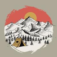 acampar na natureza, paisagem de montanha, estilo de desenho, ilustrações vetoriais. vetor