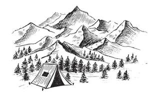 esboçar acampamento no conjunto de natureza, paisagem de montanha, ilustrações vetoriais. vetor