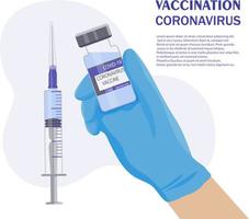 tratamento do coronavírus. uma vacina segura e eficaz. seringa contendo o medicamento. mãos do médico em luvas de proteção azuis. o conceito de vacinação vetor
