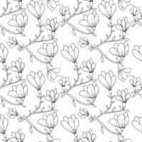 padrão sem emenda botânico. flores de magnólia em galhos com folhas. impressão em preto e branco desenhada à mão. vetor