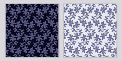 conjunto de dois padrões botânicos sem costura. flores em galhos com folhas. mão desenhada em fundo escuro e branco vetor