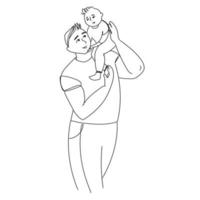 feliz jovem pai segura seu filho nas costas em sua ilustração vetorial mínima de linha de arte de ombros. pai de esboço preto e branco com ilustração fofa de filho pequeno. vetor