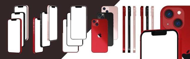 iphone 13 preto, rosa e produto cor vermelha 3d conjunto de maquete de vetor realista