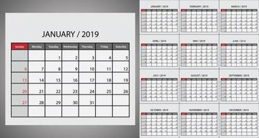 calendário 2019 semana começar no domingo vetor