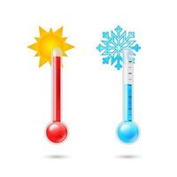 termômetros climáticos de temperatura com escalas Celsius e Fahrenheit. conjunto de ícones de termômetro de tempo 3d realista de dois vetores. sol e floco de neve. termômetro quente frio. vetor de meteorologia do termostato