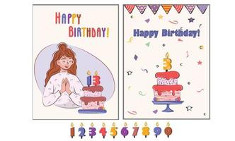 definir coleção de cartões postais de vetor plano adoráveis e coloridos, convite para festa de aniversário com um bolo de aniversário de menina de cabelo ruivo encaracolado, velas, números, ilustrações de vetor de confete