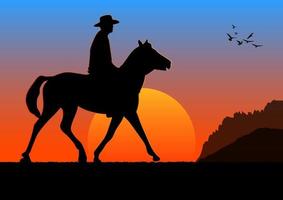 imagem gráfica o homem anda a cavalo com silhueta crepúsculo é uma ilustração vetorial do pôr do sol vetor