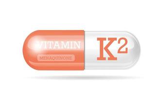 cápsula de vitamina k2. cor rosa e branco. complexo vitamínico com fórmula química. cuidados pessoais, conceito de beleza. copie o espaço. ilustração vetorial vetor
