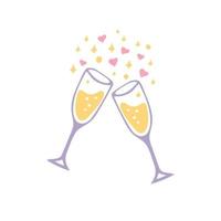 copos com ícone de champanhe. estilo doodle desenhado à mão. , minimalismo. feriado, festa, amor, dia dos namorados, aniversário de casamento aniversário feriado cheers vetor