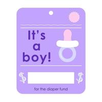 é um cartão de presente menino-bebê. cartões de convite de saudação de chá de bebê. modelo de cores roxas de cartão de dinheiro. ilustração vetorial. vetor