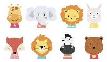 conjunto de animais fofos com girafa, elefante, leão, lhama, raposa, zebra e urso. ilustração vetorial para convite de bebê, convite de aniversário de criança e cartão postal vetor